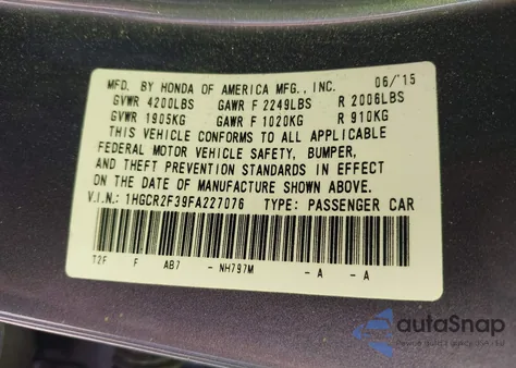 2015 Honda Accord Lx from USA, damaged, VIN 1HGCR2F39FA227076